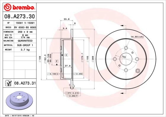 BREMBO Hátsó féktárcsa 08.A273.31_BREMBO