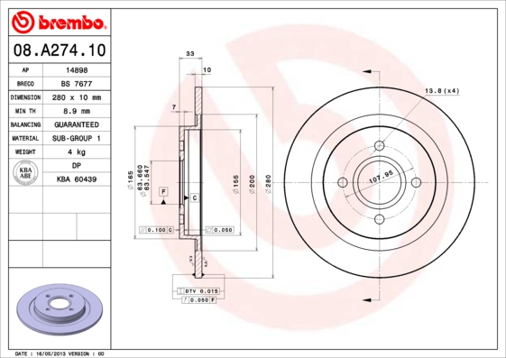 BREMBO Hátsó féktárcsa 08.A274.10_BREMBO