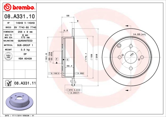 BREMBO Hátsó féktárcsa 08.A331.11_BREMBO