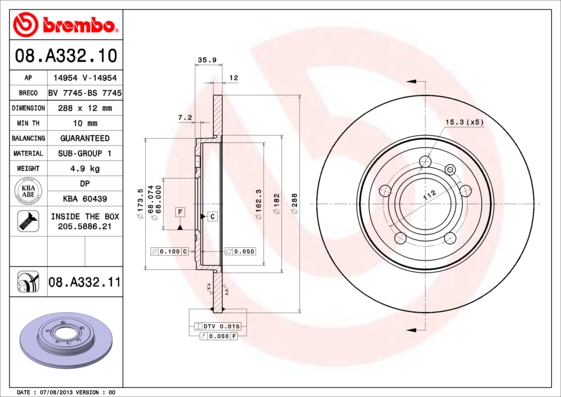 BREMBO Hátsó féktárcsa 08.A332.11_BREMBO