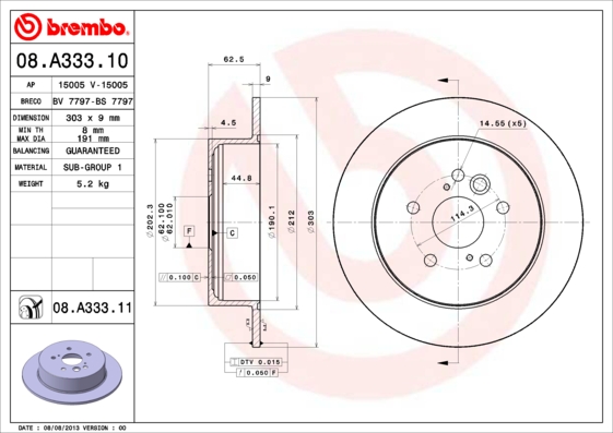 BREMBO Hátsó féktárcsa 08.A333.10_BREMBO