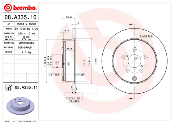 BREMBO Hátsó féktárcsa 08.A335.11_BREMBO