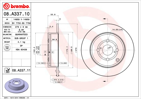 BREMBO Hátsó féktárcsa 08.A337.11_BREMBO