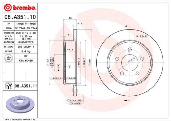 BREMBO Hátsó féktárcsa 08.A351.10_BREMBO