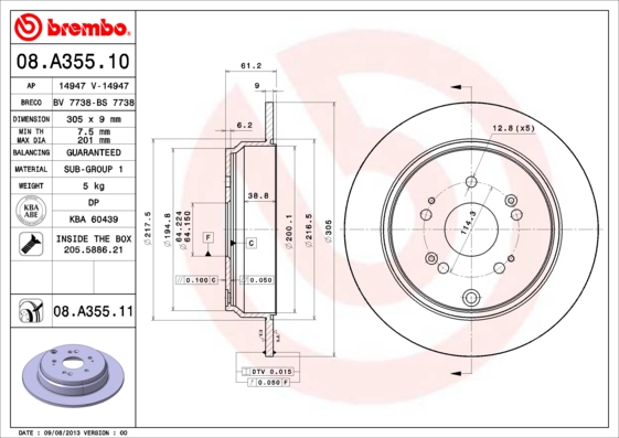 BREMBO Hátsó féktárcsa 08.A355.11_BREMBO