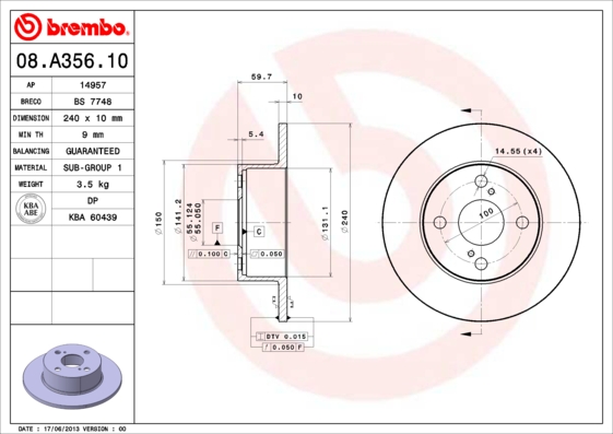 BREMBO Hátsó féktárcsa 08.A356.10_BREMBO