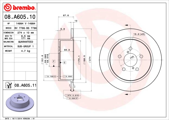 BREMBO Hátsó féktárcsa 08.A605.11_BREMBO