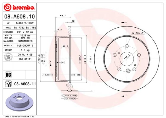 BREMBO Hátsó féktárcsa 08.A608.11_BREMBO