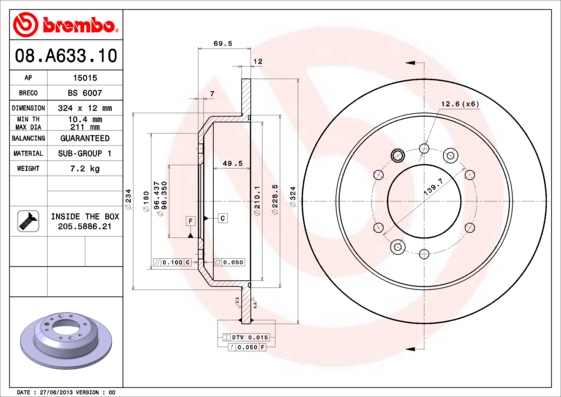 BREMBO Hátsó féktárcsa 08.A633.10_BREMBO