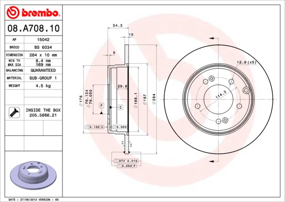 BREMBO 08.A708.11_BREMBO Hátsó féktárcsa