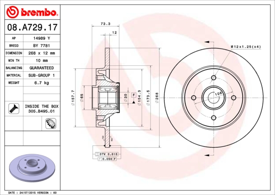 BREMBO Féktárcsa+kerékagycsapágy 08.A729.17_BREMBO