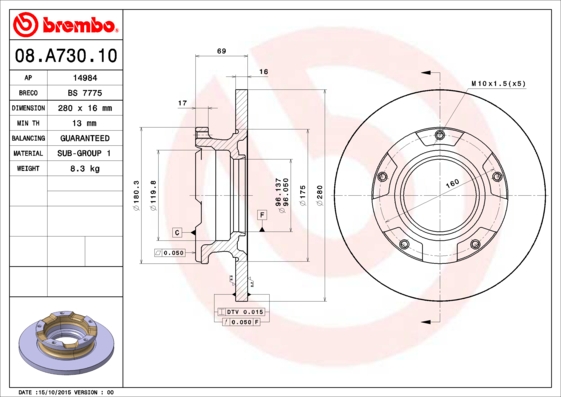 BREMBO 08.A730.10_BREMBO Hátsó féktárcsa