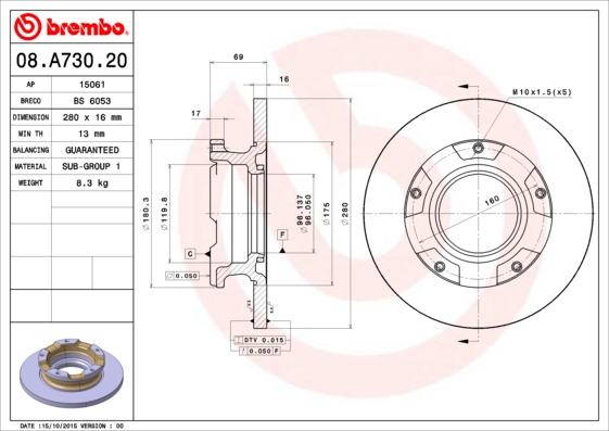 BREMBO Hátsó féktárcsa 08.A730.20_BREMBO