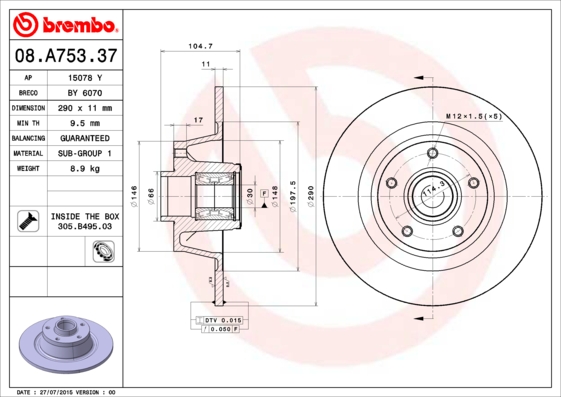 BREMBO Hátsó féktárcsa 08.A753.37_BREMBO