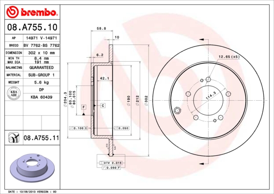 BREMBO 08.A755.11_BREMBO Hátsó féktárcsa