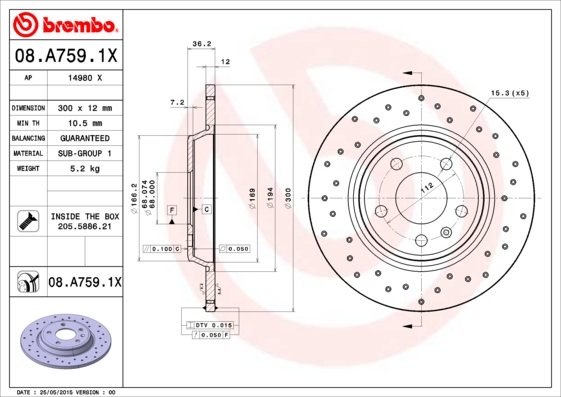 BREMBO Hátsó féktárcsa 08.A759.1X_BREMBO