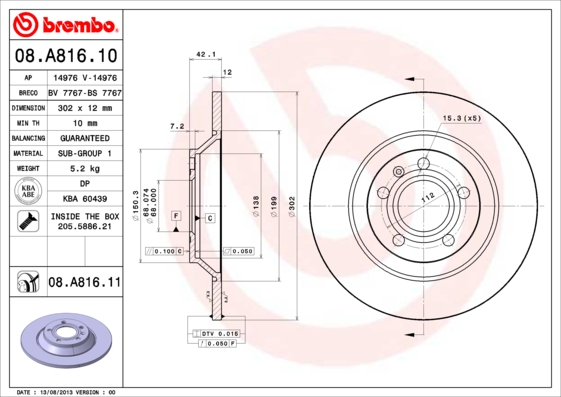 BREMBO Hátsó féktárcsa 08.A816.10_BREMBO