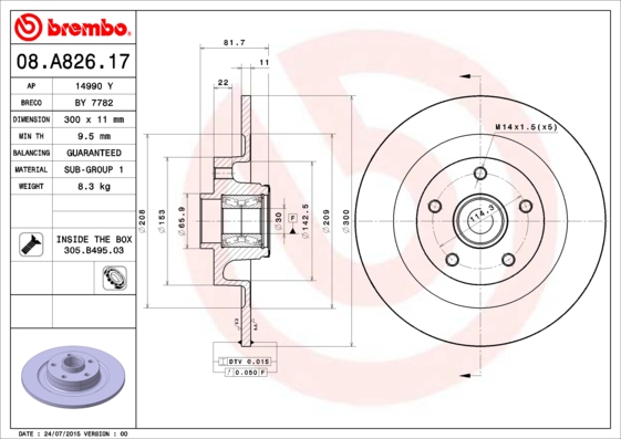 BREMBO Féktárcsa+kerékagycsapágy 08.A826.17_BREMBO