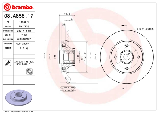 BREMBO Féktárcsa+kerékagycsapágy 08.A858.17_BREMBO