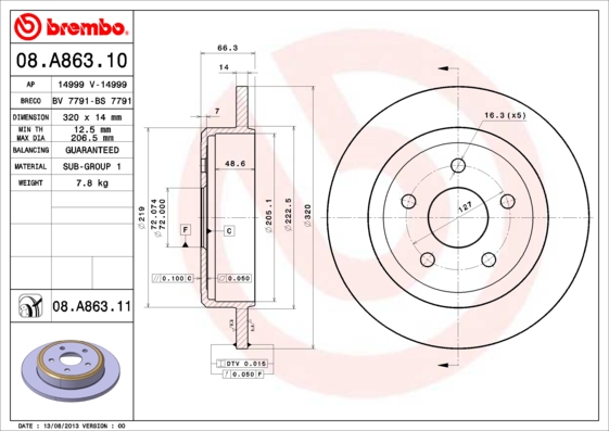 BREMBO Hátsó féktárcsa 08.A863.11_BREMBO