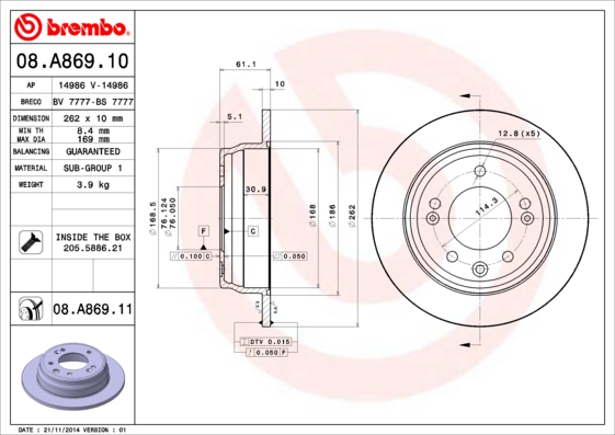 BREMBO Hátsó féktárcsa 08.A869.10_BREMBO