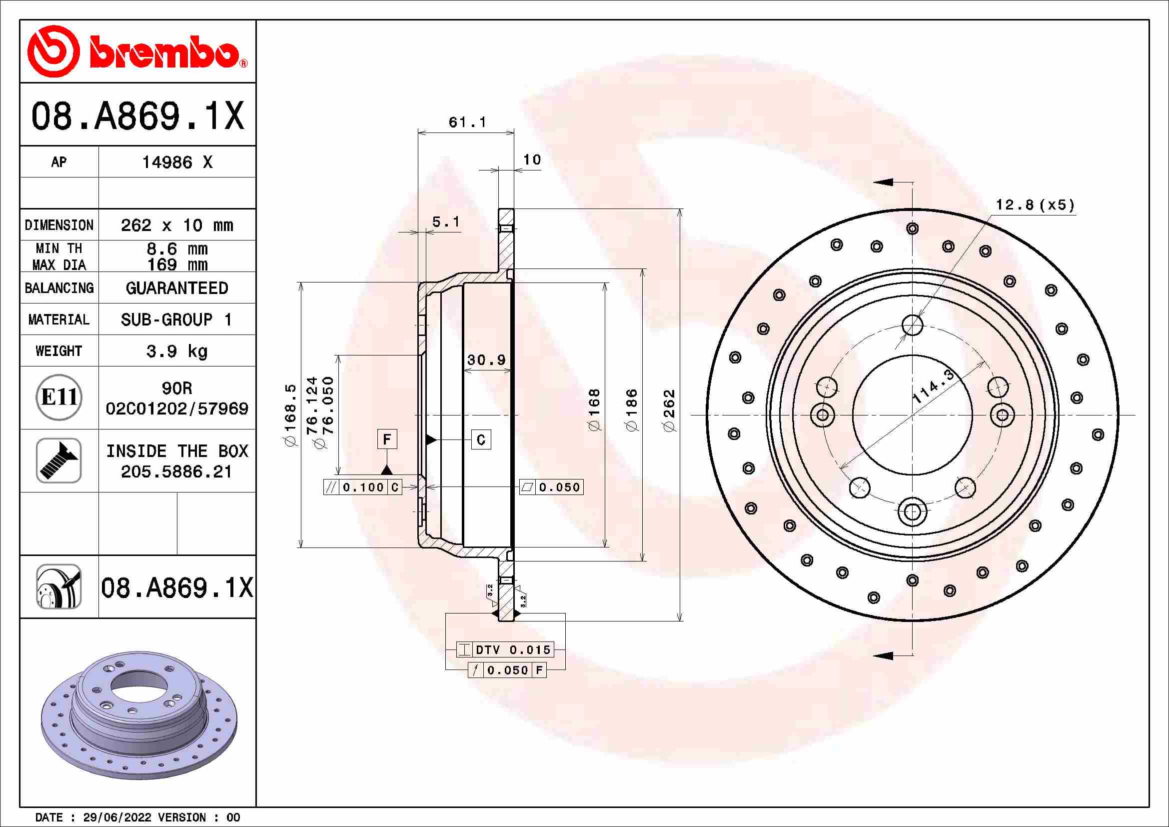 BREMBO Féktárcsa, mind 08.A869.1X_BREMBO