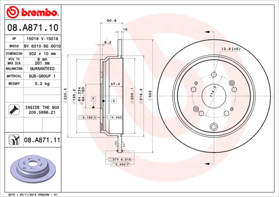 BREMBO Hátsó féktárcsa 08.A871.10_BREMBO