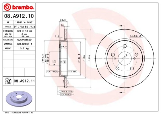 BREMBO Hátsó féktárcsa 08.A912.10_BREMBO