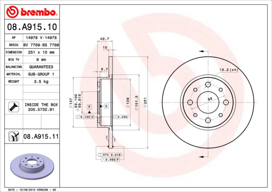 BREMBO Hátsó féktárcsa 08.A915.11_BREMBO