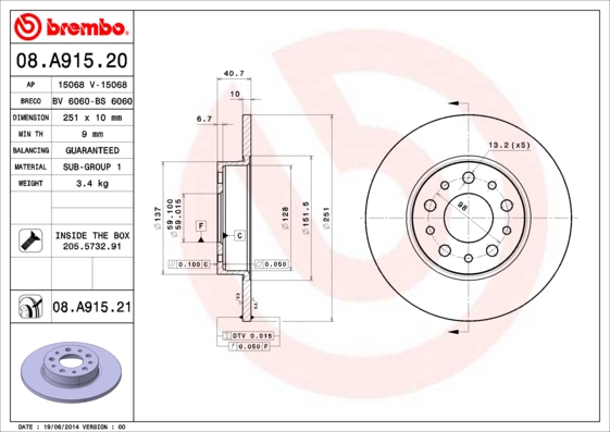 BREMBO Hátsó féktárcsa 08.A915.21_BREMBO