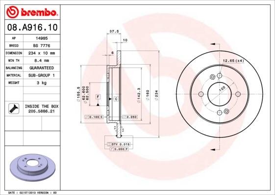 BREMBO Hátsó féktárcsa 08.A916.10_BREMBO