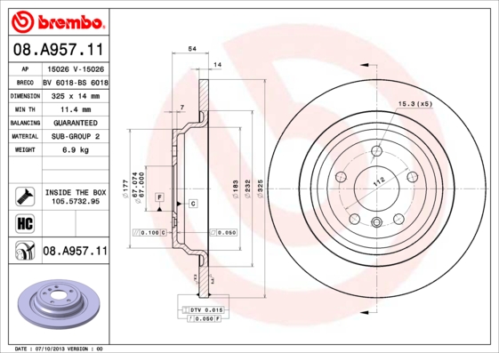 BREMBO Hátsó féktárcsa 08.A957.11_BREMBO