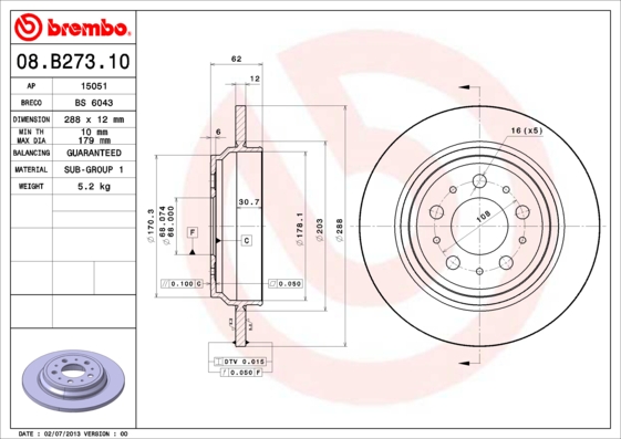 BREMBO Hátsó féktárcsa 08.B273.10_BREMBO