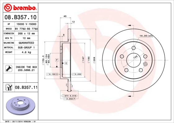 BREMBO Hátsó féktárcsa 08.B357.11_BREMBO