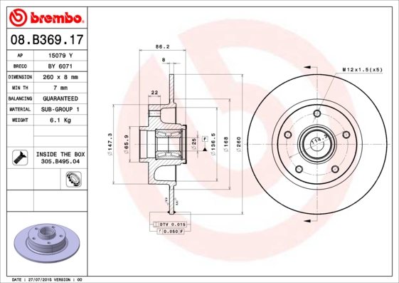 BREMBO Féktárcsa+kerékagycsapágy 08.B369.17_BREMBO