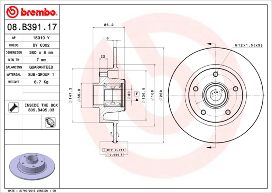 BREMBO Féktárcsa+kerékagycsapágy 08.B391.17_BREMBO