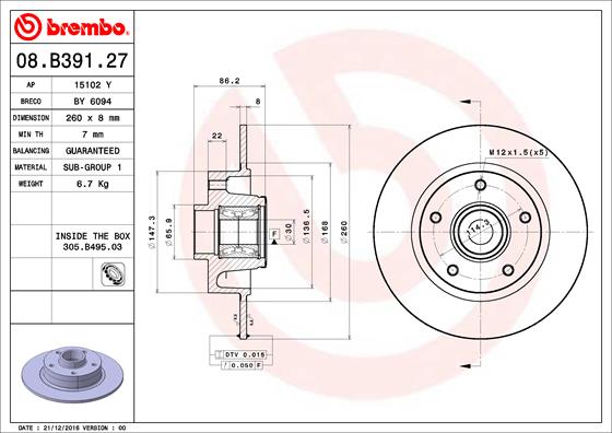 BREMBO Féktárcsa+kerékagycsapágy 08.B391.27_BREMBO