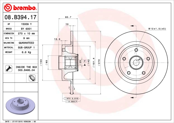 BREMBO Hátsó féktárcsa 08.B394.17_BREMBO