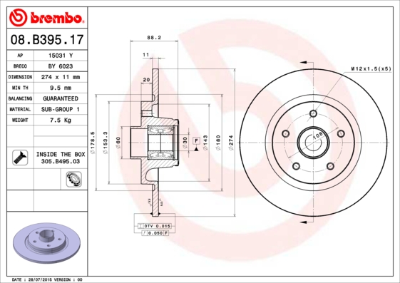 BREMBO Hátsó féktárcsa 08.B395.17_BREMBO