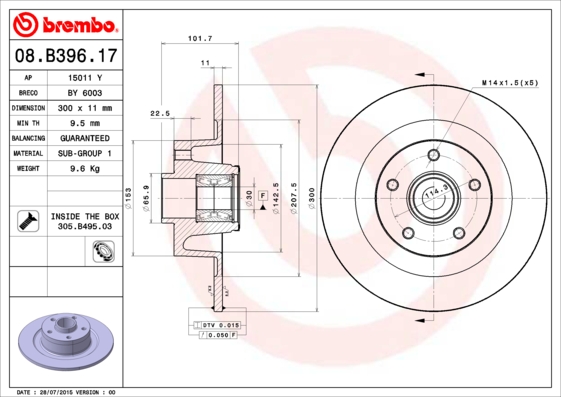 BREMBO Féktárcsa+kerékagycsapágy 08.B396.17_BREMBO