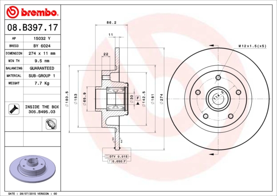 BREMBO Hátsó féktárcsa 08.B397.17_BREMBO