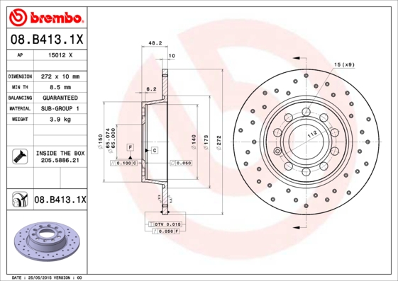 BREMBO Hátsó féktárcsa 08.B413.1X_BREMBO