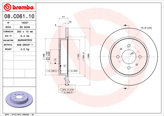 BREMBO Hátsó féktárcsa 08.C061.10_BREMBO