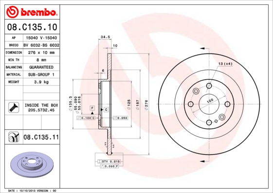 BREMBO Hátsó féktárcsa 08.C135.11_BREMBO