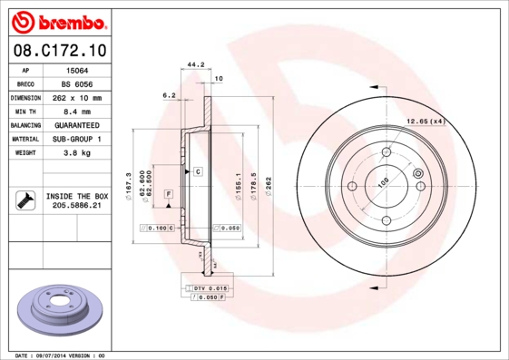 BREMBO Hátsó féktárcsa 08.C172.10_BREMBO