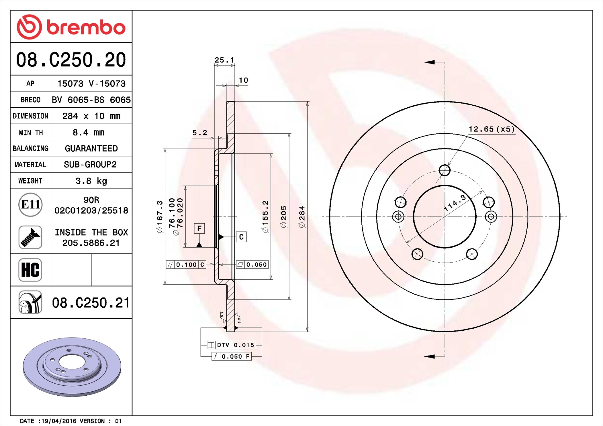 BREMBO Hátsó féktárcsa 08.C250.21_BREMBO