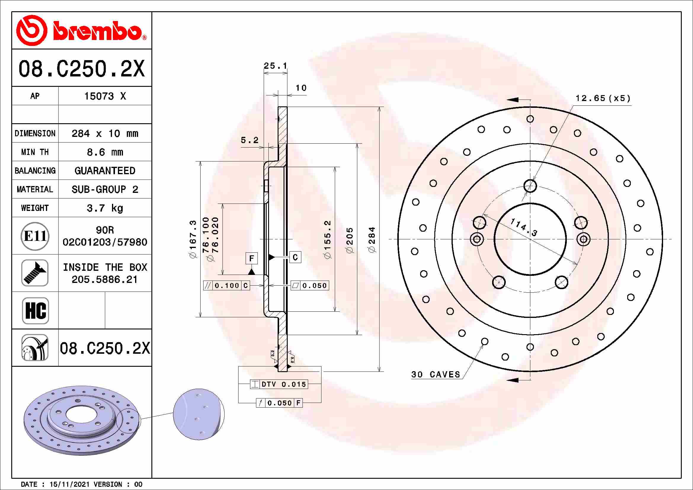 BREMBO Féktárcsa, mind 08.C250.2X_BREMBO