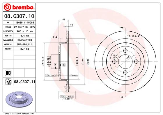 BREMBO Féktárcsa, mind 08.C307.11_BREMBO