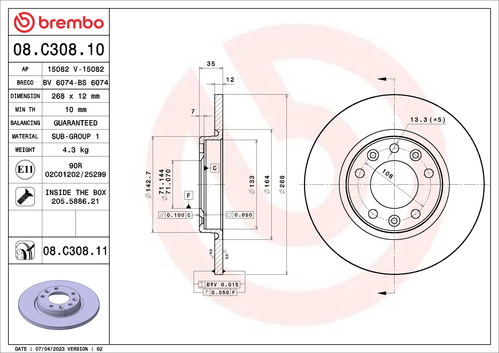 BREMBO Hátsó féktárcsa 08.C308.11_BREMBO