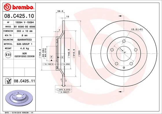 BREMBO Hátsó féktárcsa 08.C425.11_BREMBO